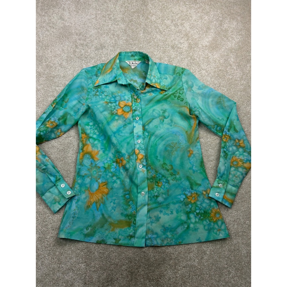 Lady Manhattan Floral Psychedelic Blouse 8 Green Blue 70s Vintage Disco Boho